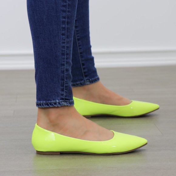 Neon Yellow Close Pointy Toe Slip Flat Shoes - Picture 8 of 8